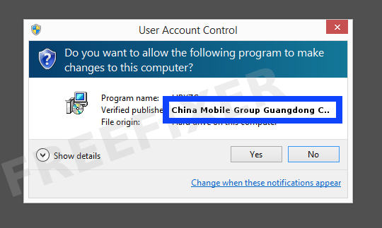 Screenshot where China Mobile Group Guangdong Co., Ltd. Mobile Internet Branch appears as the verified publisher in the UAC dialog